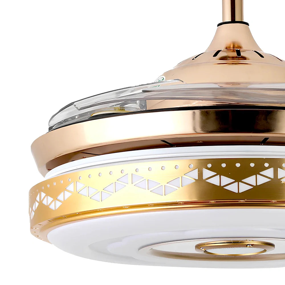 42-inch acrylic ceiling fan light in European style with Bluetooth music and gold three-tone LED, iron frame for living room installation