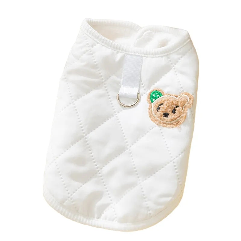 Quilted pet vest for small dogs with bear patch and polka-dot ears, padded dog gilet in cream or beige, sizes XS to XL.
