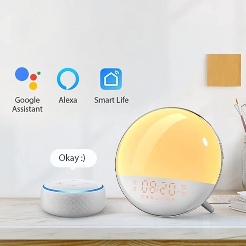 Sunrise alarm clock wake up light with wood grain base, 16x16x6cm, USB powered, voice control, two alarms