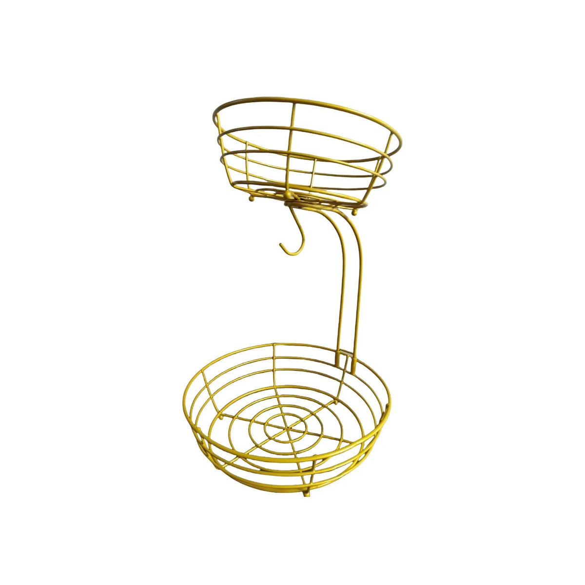 Black double-layer wrought iron fruit basket with 30cm diameter on kitchen counter