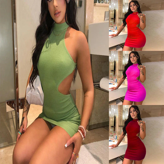 A high-neck cocktail dress with a unique cutout detail at the back, available in a variety of vibrant colors