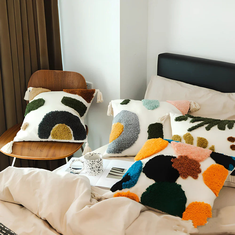 Tufted cotton sofa pillowcase 45x45cm in dark grey flower field print, showing textured loops and full coverage design