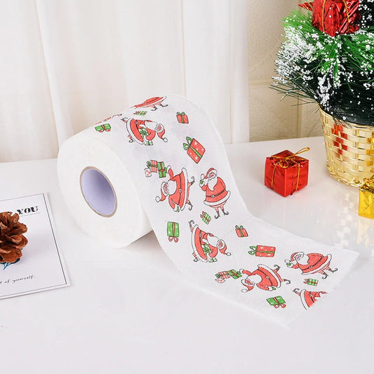 Christmas-themed toilet paper roll with Santa Claus and holiday designs