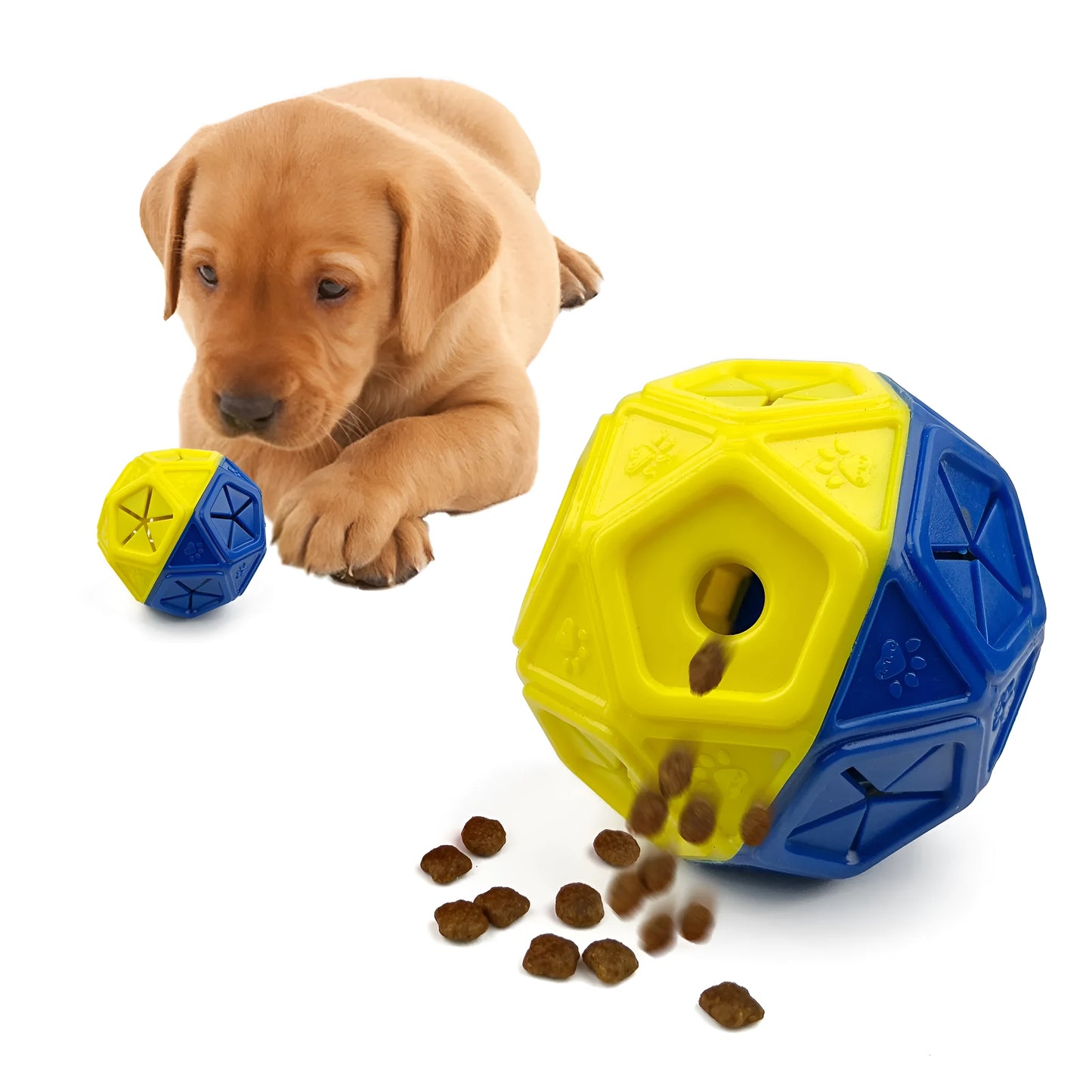Blue and red hollow dog toy ball designed for interactive treat dispensing and bite-resistant play.