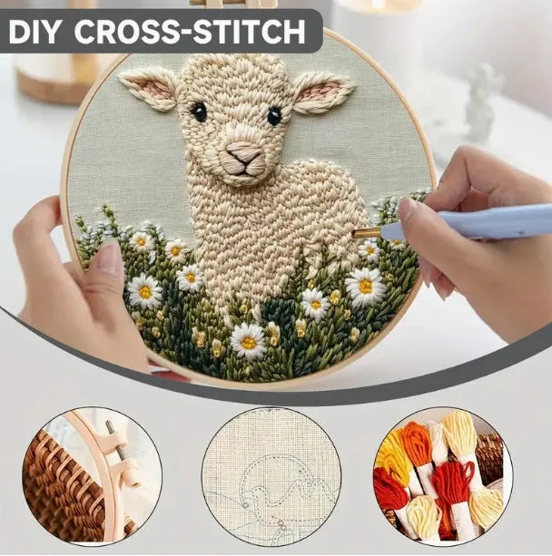 Sheep design embroidery pin punch craft kit with cloth materials and complete beginner set
