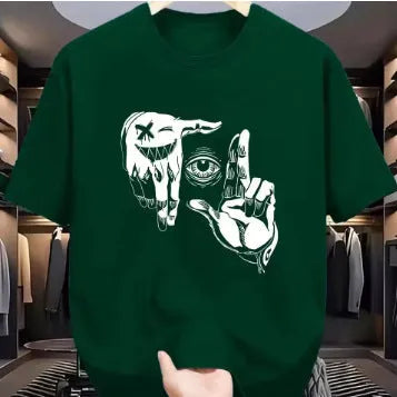 Men's mesh T-shirt with cartoon pattern in bird eye cloth polyester, showing round neck and short sleeve design