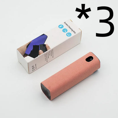 Portable all-in-one screen cleaner kit with protective shell, microfiber wipe, and internal fluid bottle.