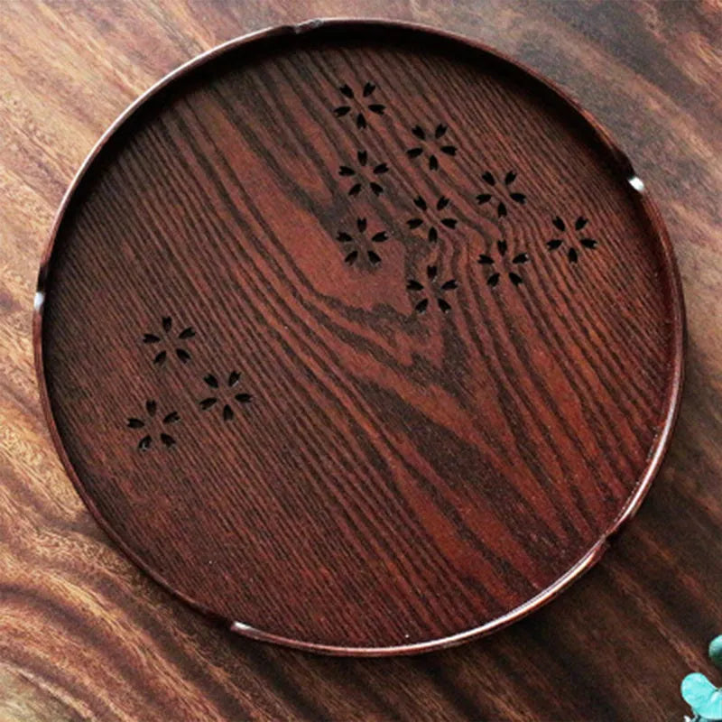 Wooden plate with hollow cherry blossom pattern, 30cm diameter, shallow 2cm depth