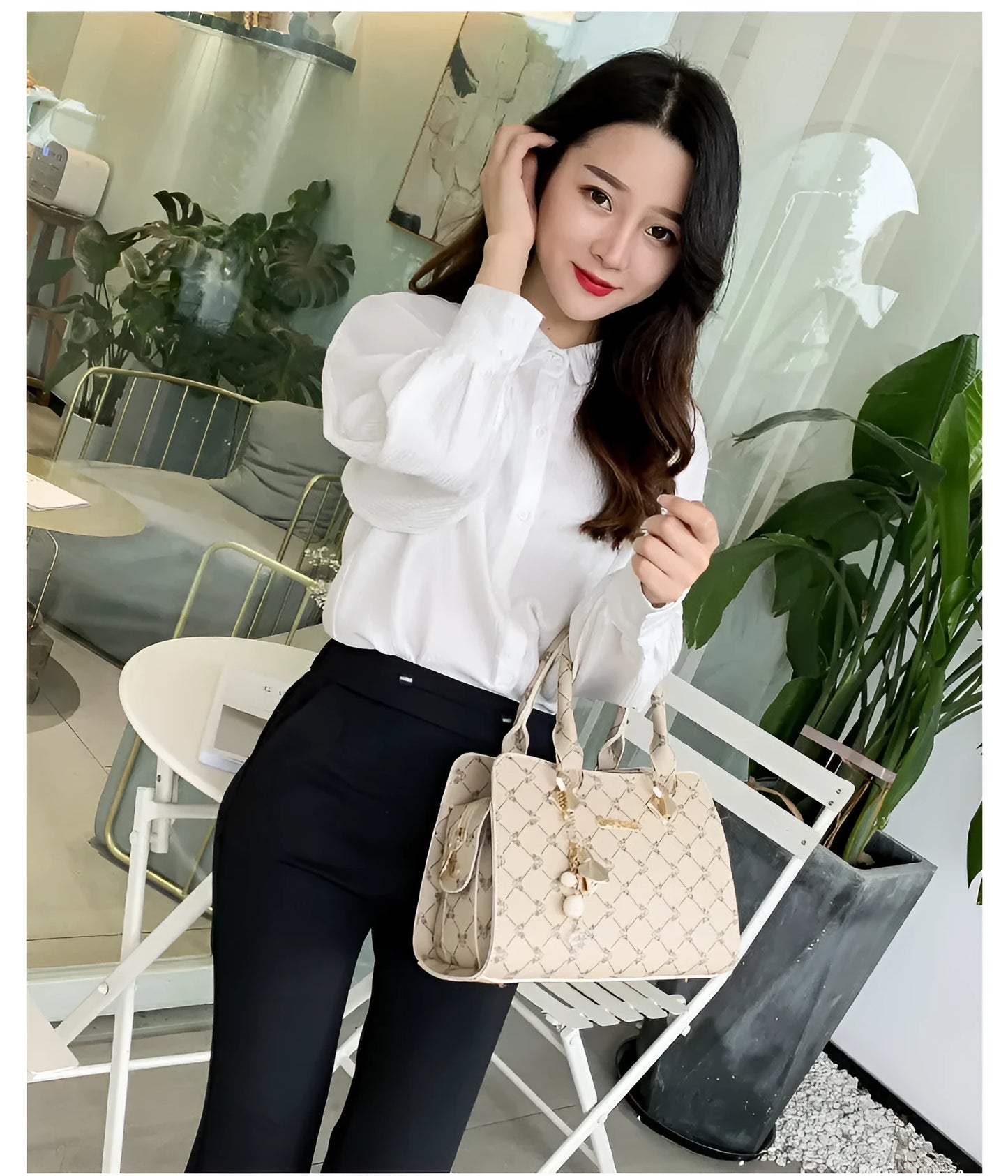 Women's geometric print PU leather messenger bag showing internal card slot, phone pocket, and document bag compartments.
