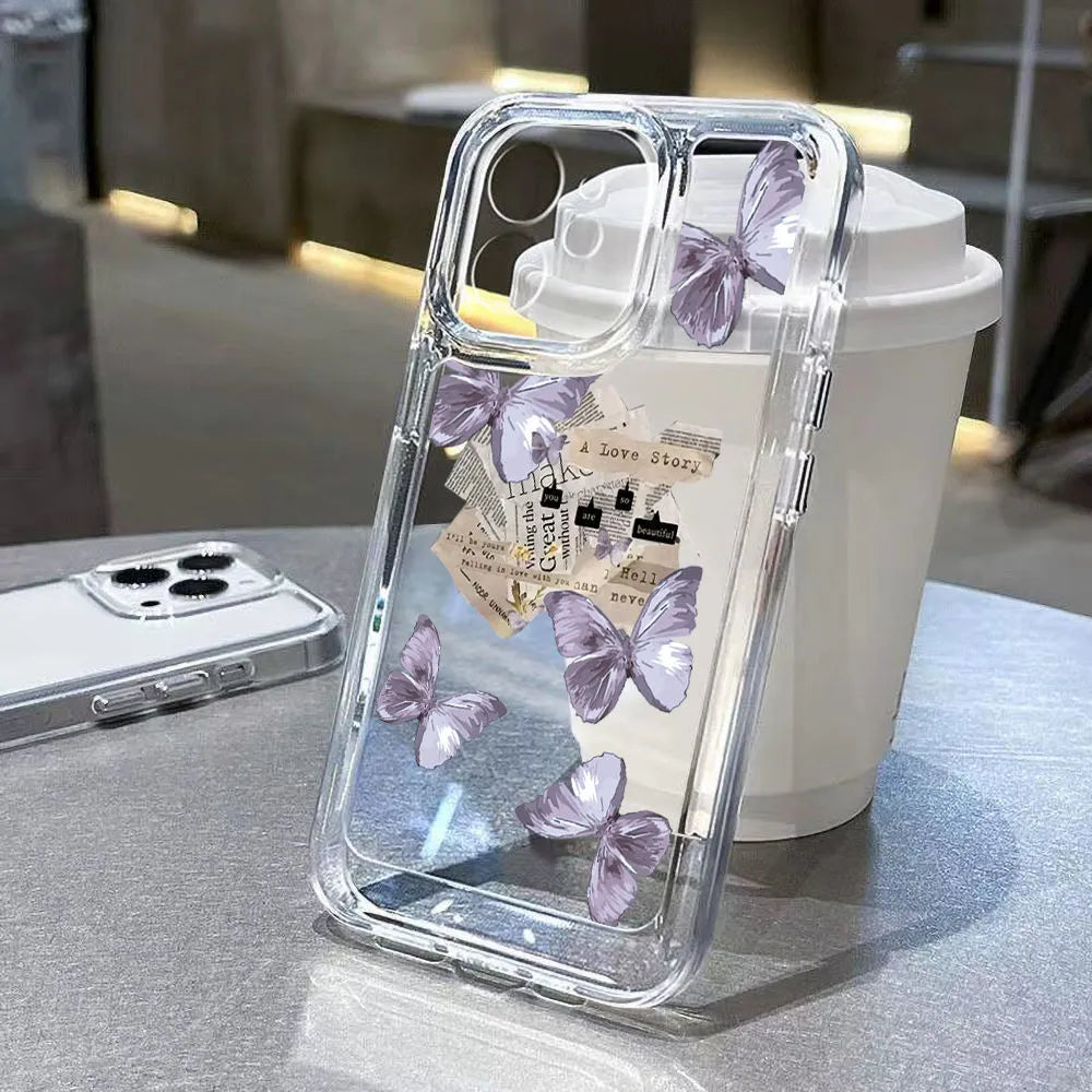 Purple butterfly TPU iPhone case in transparent black or white with lens fine hole and soft shell