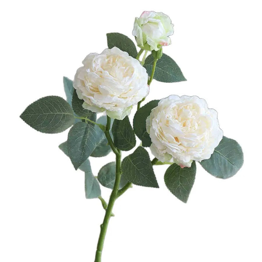 Three-head artificial silk rose flower arrangement with baked edge petals in six colour options