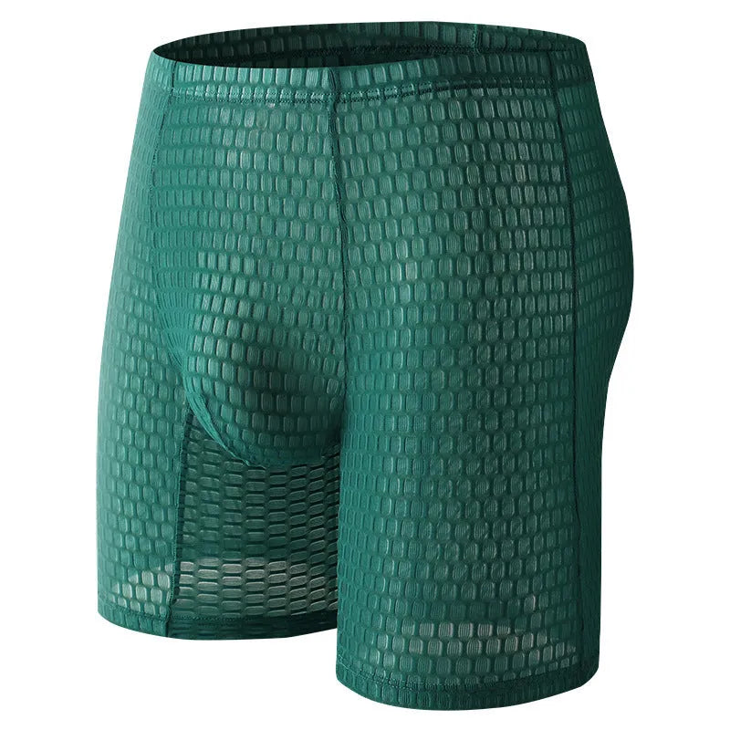 Men's solid-colour lace boxer shorts with a hip-lifting shaping design.