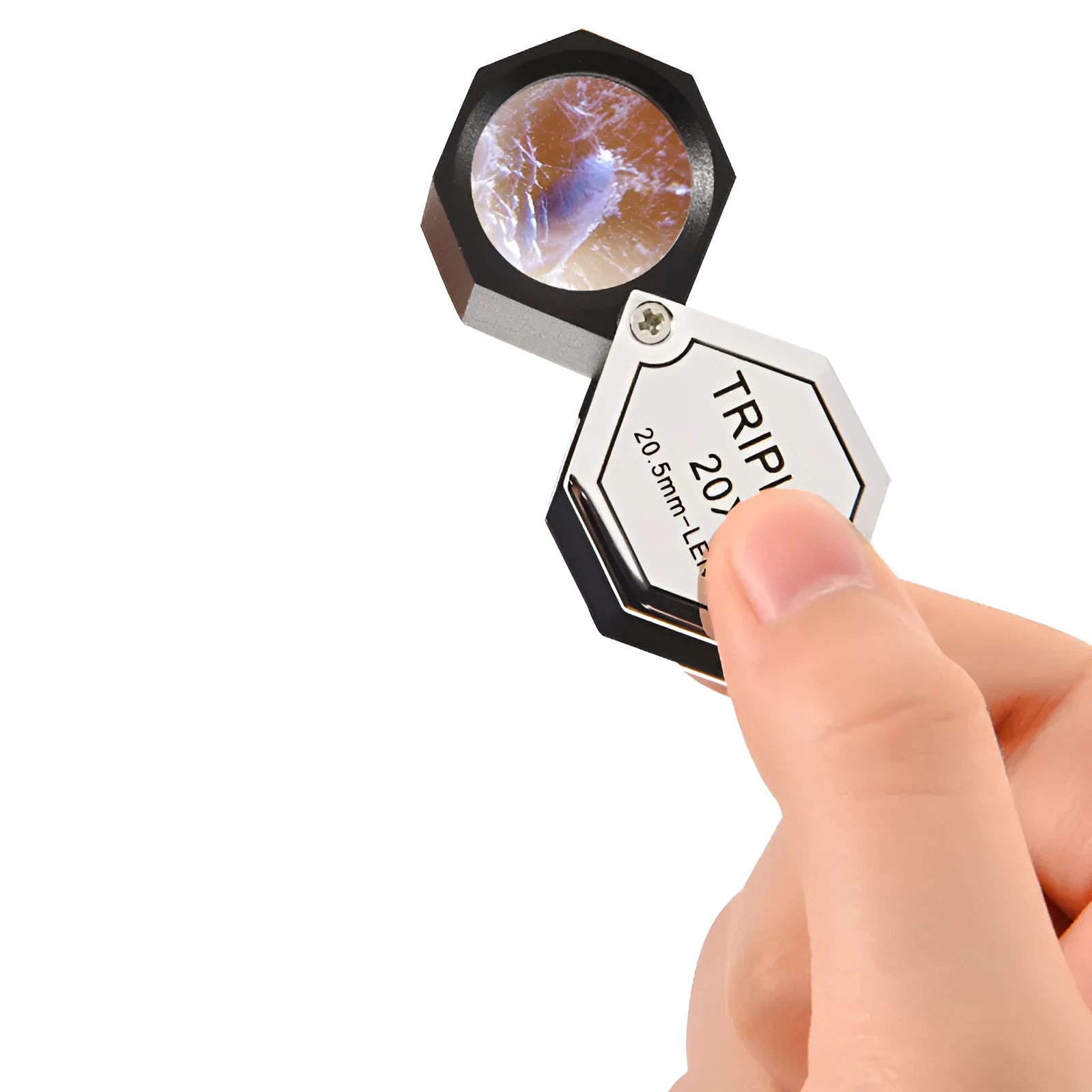 Handheld metal magnifying glass with optical glass lens for jewellery and coin inspection.