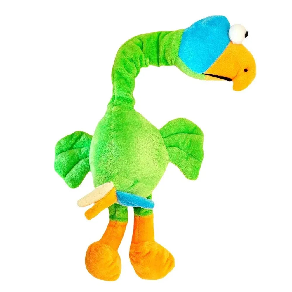 Screaming chicken sound dog chew toy in black, green and orange colours