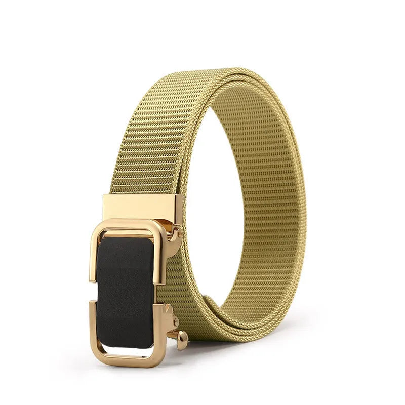 Men's toothless nylon canvas belt with an alloy buckle shown in Army Green colour, length 120cm.