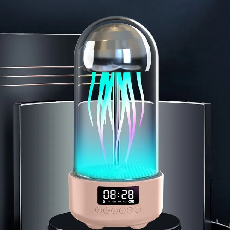 Colourful jellyfish-themed Bluetooth speaker with LED clock display showing time and battery level