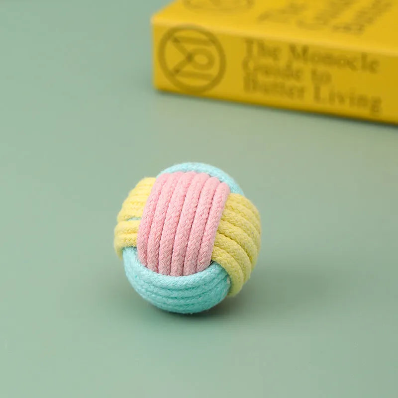 Handmade blue powder, green blue, and pink green plush cat toy ball with dental floss core for teeth grinding