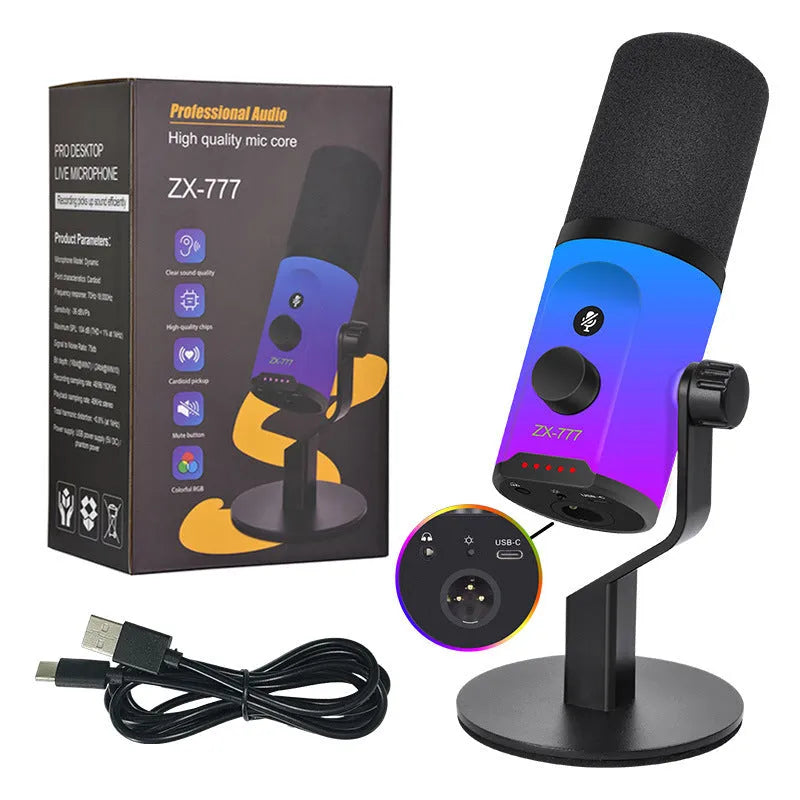 ZX777 moving coil microphone with USB and XLR connection, noise reduction, and ZX-777RGB bracket