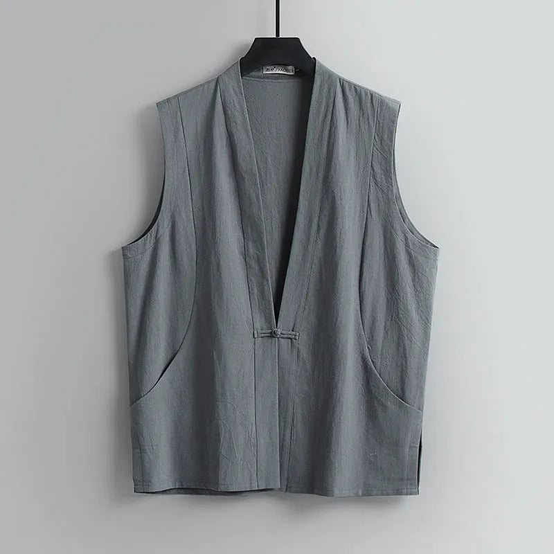 Men's light grey linen sleeveless vest with loose fit on hanger