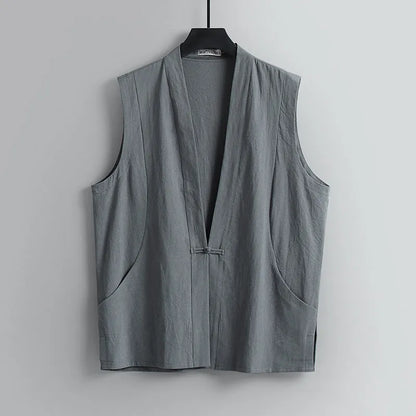 Men's light grey linen sleeveless vest with loose fit on hanger