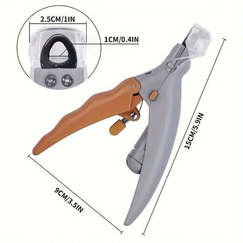 Pet nail trimmer with 4 bright LED lights, 5x magnifying glass and hardened steel blades for safe cat and dog claw trimming, featuring a comfortable grip and nail catcher in yellow