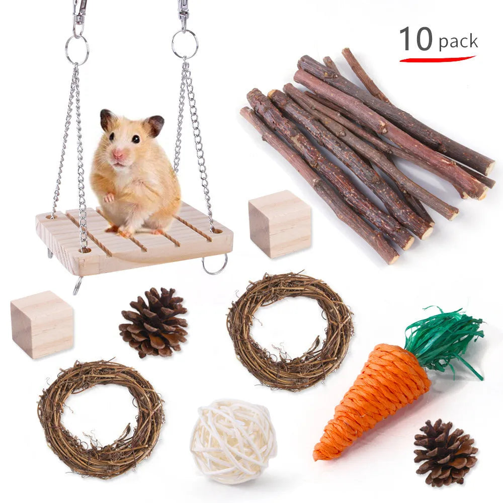 Assorted natural wooden chew toys for small pets including balls, rings, and mats on a plain background.