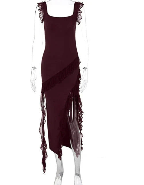 Stylish ruffled split-hem cocktail dress in a variety of colors, featuring a flattering silhouette and delicate spaghetti straps