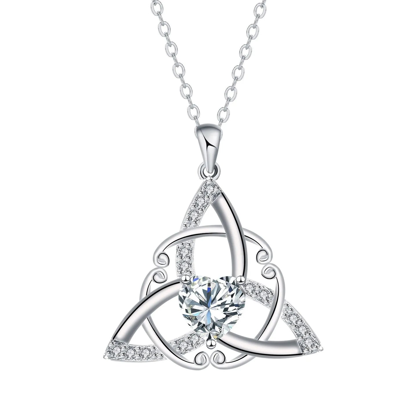 Close-up of a geometric Celtic knot pendant necklace for women in an electroplated blue finish on a copper base.