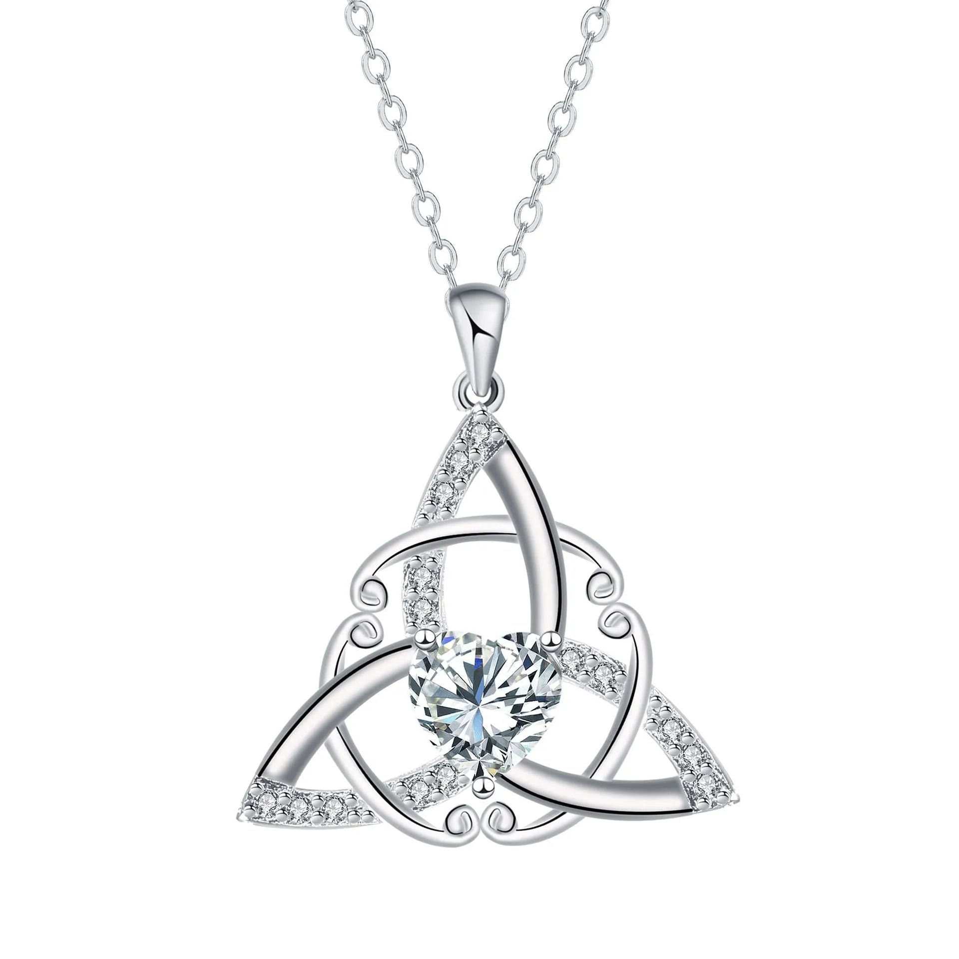 Close-up of a geometric Celtic knot pendant necklace for women in an electroplated blue finish on a copper base.