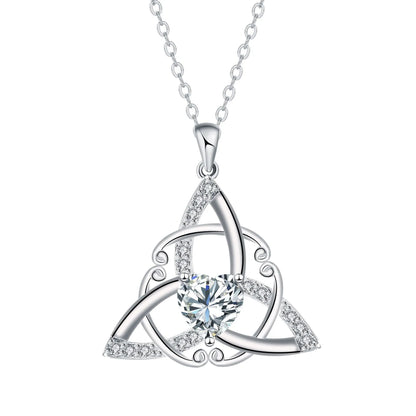 Close-up of a geometric Celtic knot pendant necklace for women in an electroplated blue finish on a copper base.