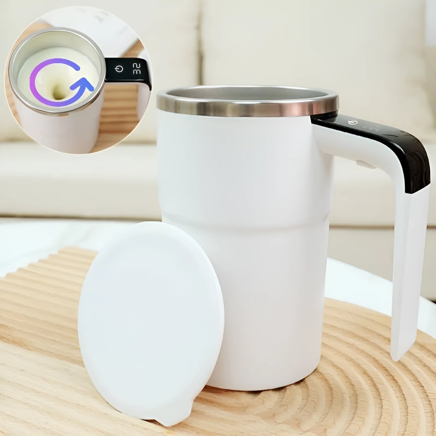 Electric coffee mug with USB charging port, magnetic stirrer, and LCD display showing temperature, in black or white colour.