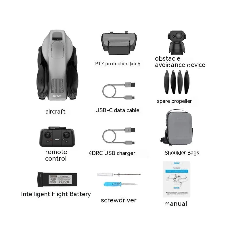 White folding quadcopter drone with camera and obstacle avoidance sensors, remote control, and shoulder bag.