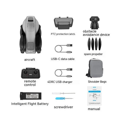 White folding quadcopter drone with camera and obstacle avoidance sensors, remote control, and shoulder bag.