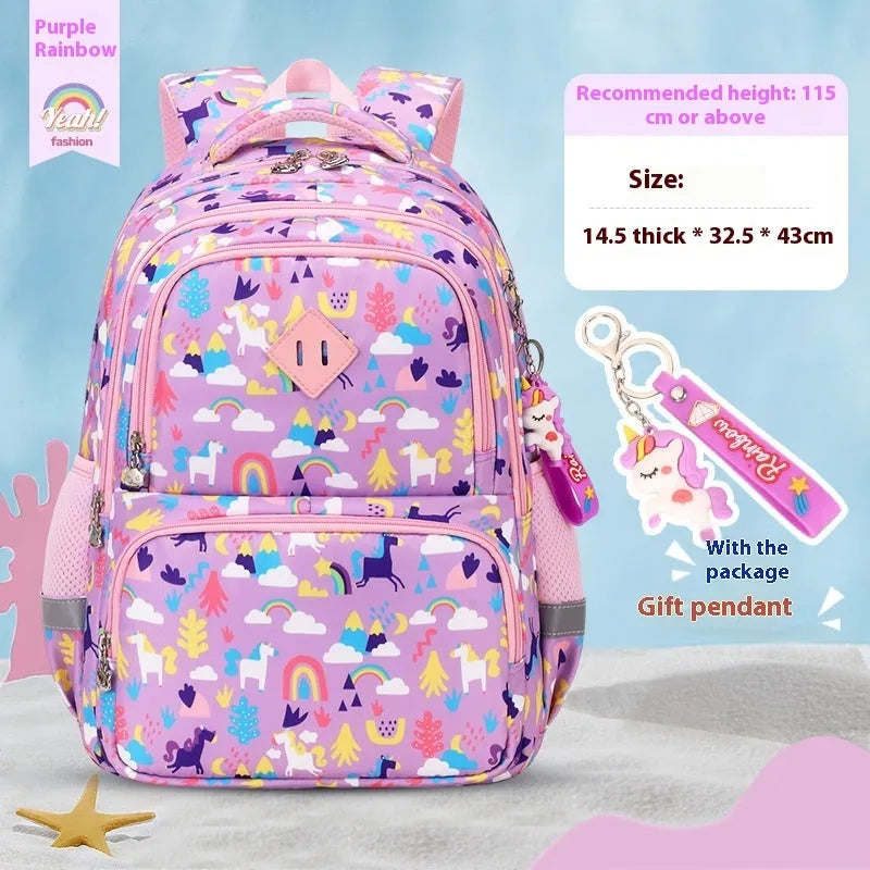 Blue children's school backpack with dinosaur pattern, showing curved shoulder straps and front pocket.