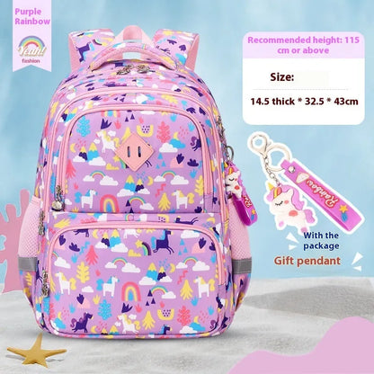 Blue children's school backpack with dinosaur pattern, showing curved shoulder straps and front pocket.