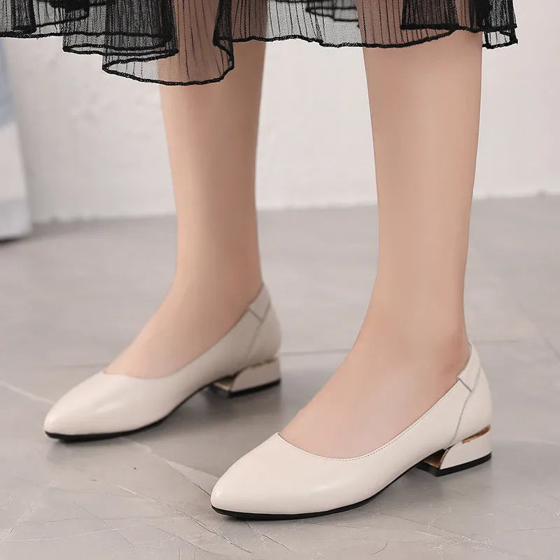 Beige cowhide flat pointed casual low-cut shoes with a buckle fastening and rubber sole