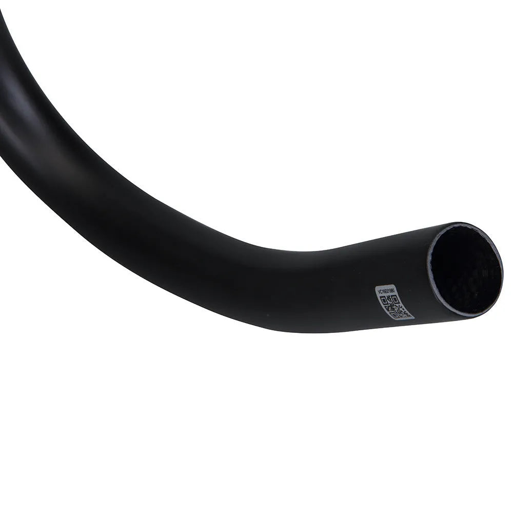 Black carbon fibre bicycle handlebar with large-angle bent outer swing design showing three width options