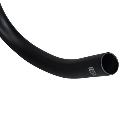 Black carbon fibre bicycle handlebar with large-angle bent outer swing design showing three width options