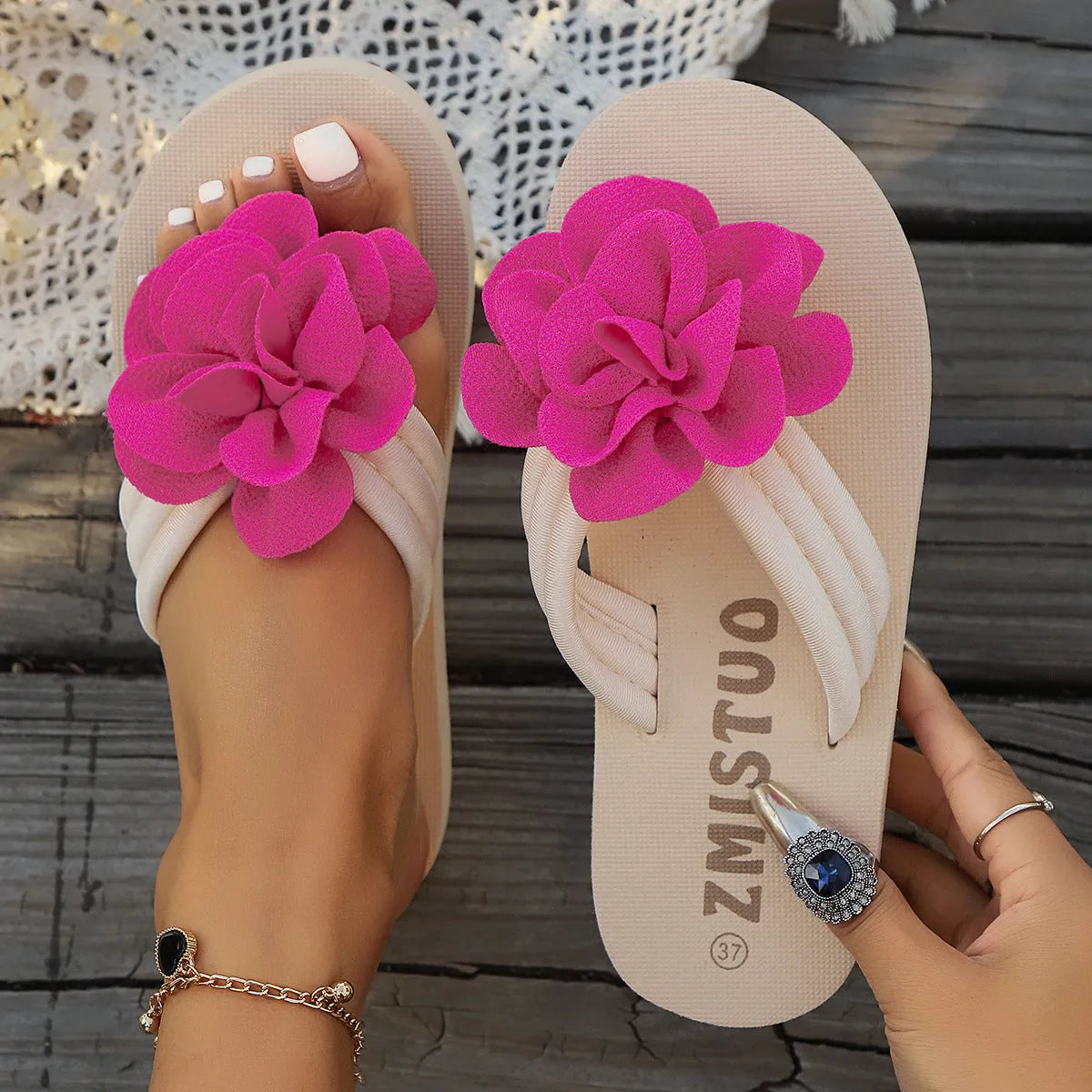Plus size PU casual flip flop slipper in beige, showing round toe design.