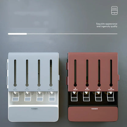 Wall-mounted grey seasoning box with four liquid and four powder compartments measuring 30x42x7cm