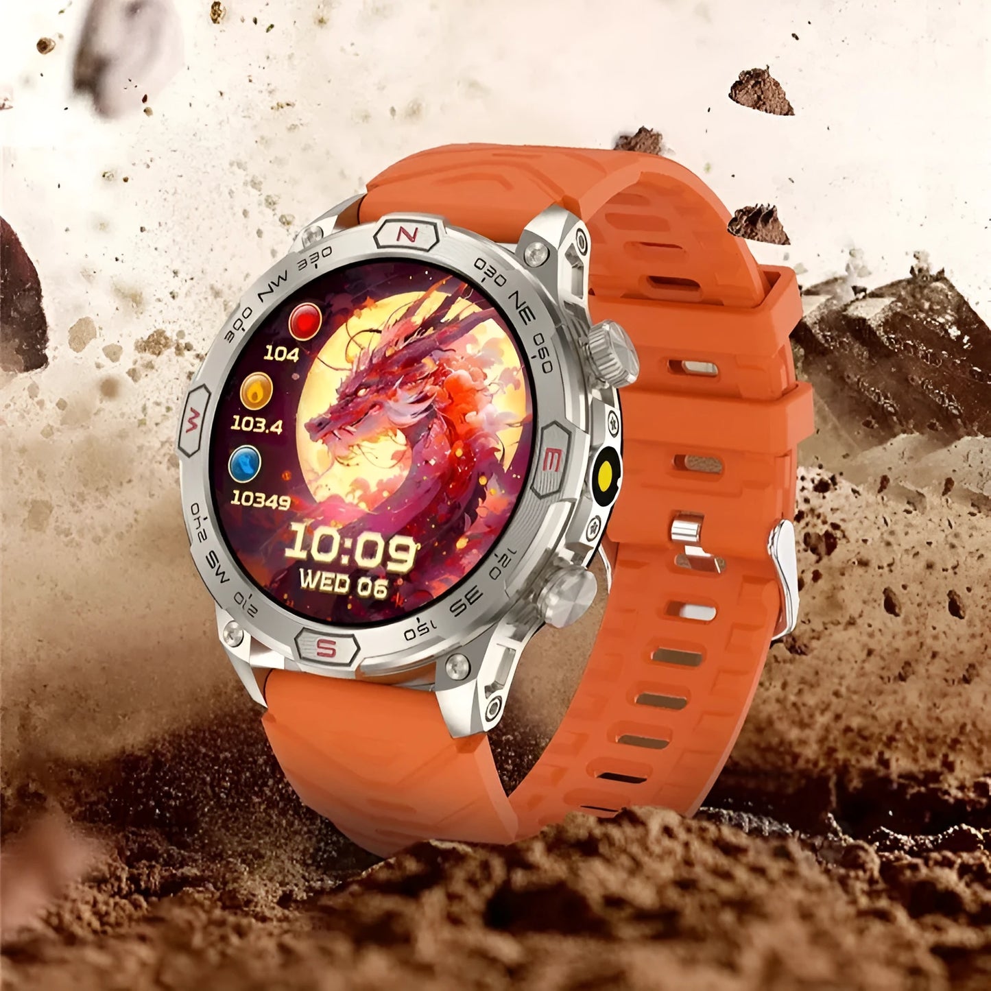 Sports smartwatch with AMOLED screen on silicone wristband showing heart rate display