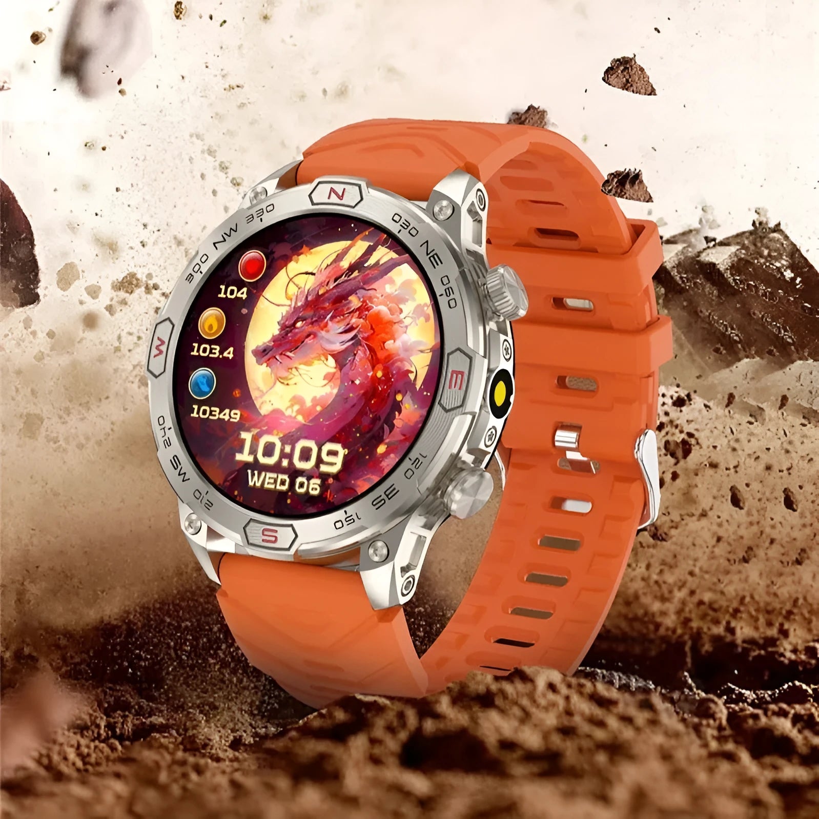 Sports smartwatch with AMOLED screen on silicone wristband showing heart rate display