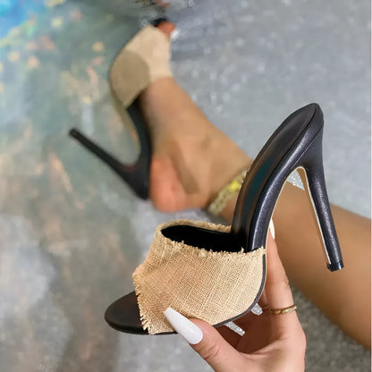 Apricot coloured women's stiletto sandals with separate toe design and mixed-material upper.