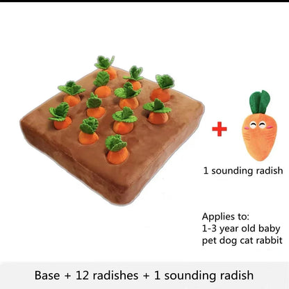 Plush carrot-shaped dog toy with snuffle mat for interactive play and mental stimulation
