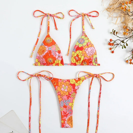 Yellow floral split bikini set for women, high elastic backless design in S-M-L sizes with polyester lining