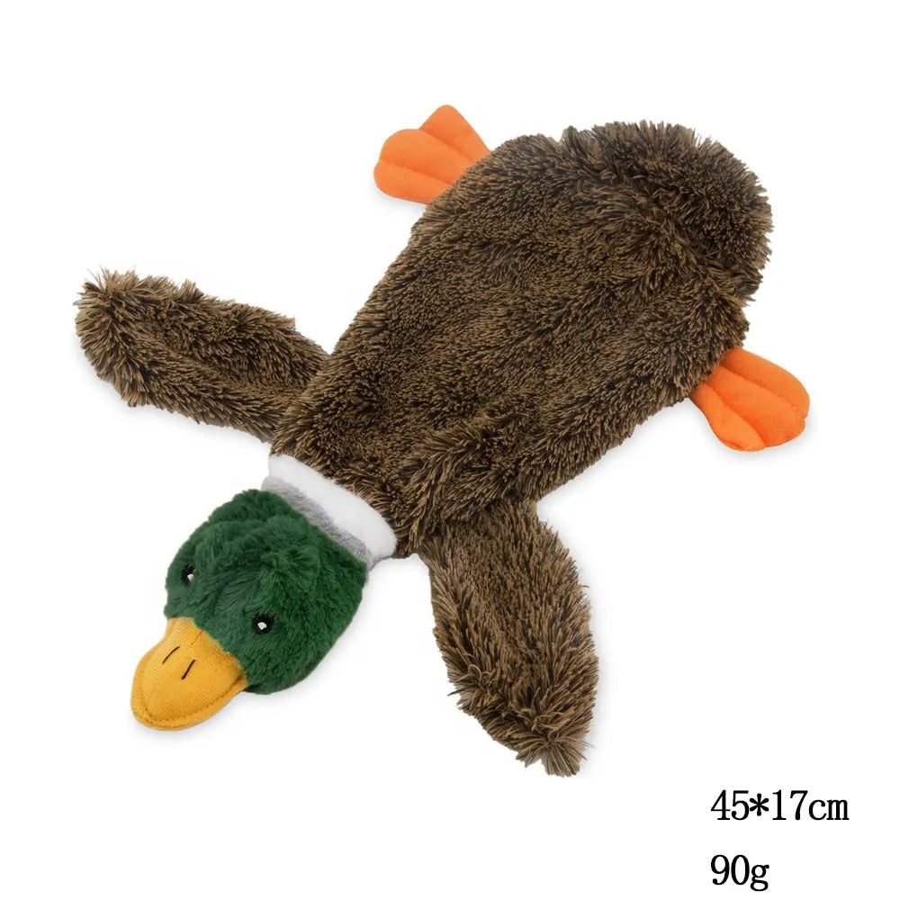 Green stuffless wild duck dog toy with squeakers showing bottle cavity opening