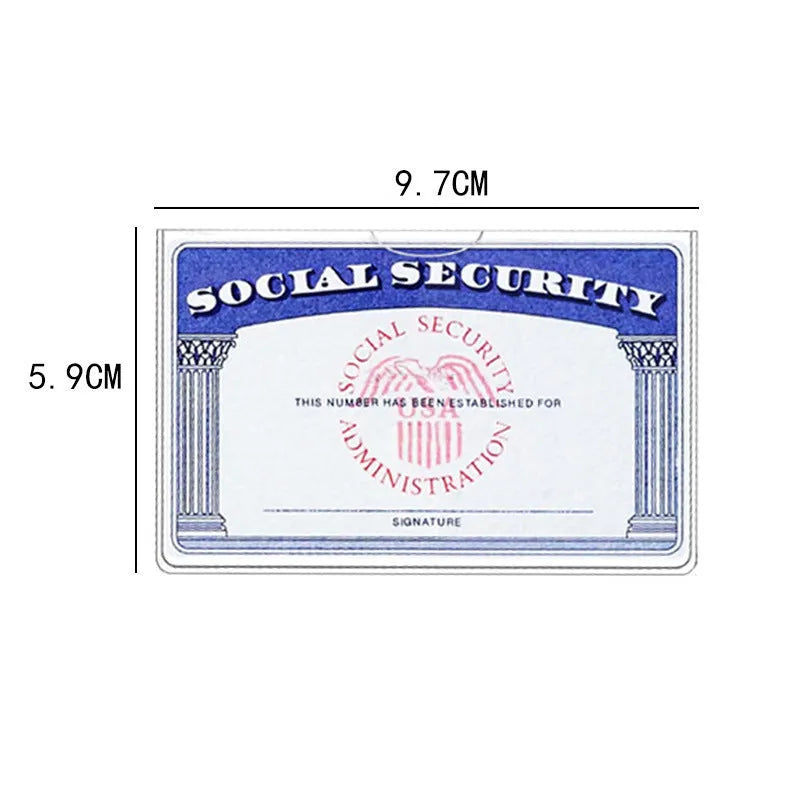 Clear transparent PVC social security card holder with dimensions 9.7cm by 5.9cm.