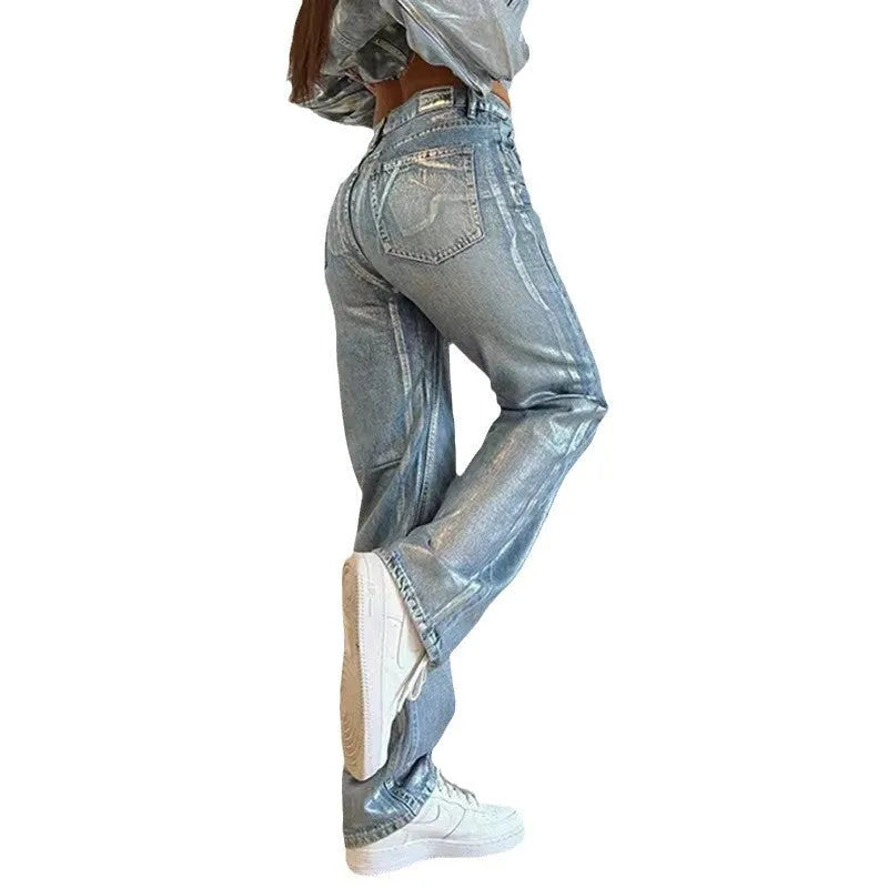 High waist straight leg jeans in washed blue denim with hot silver contrast colour detailing