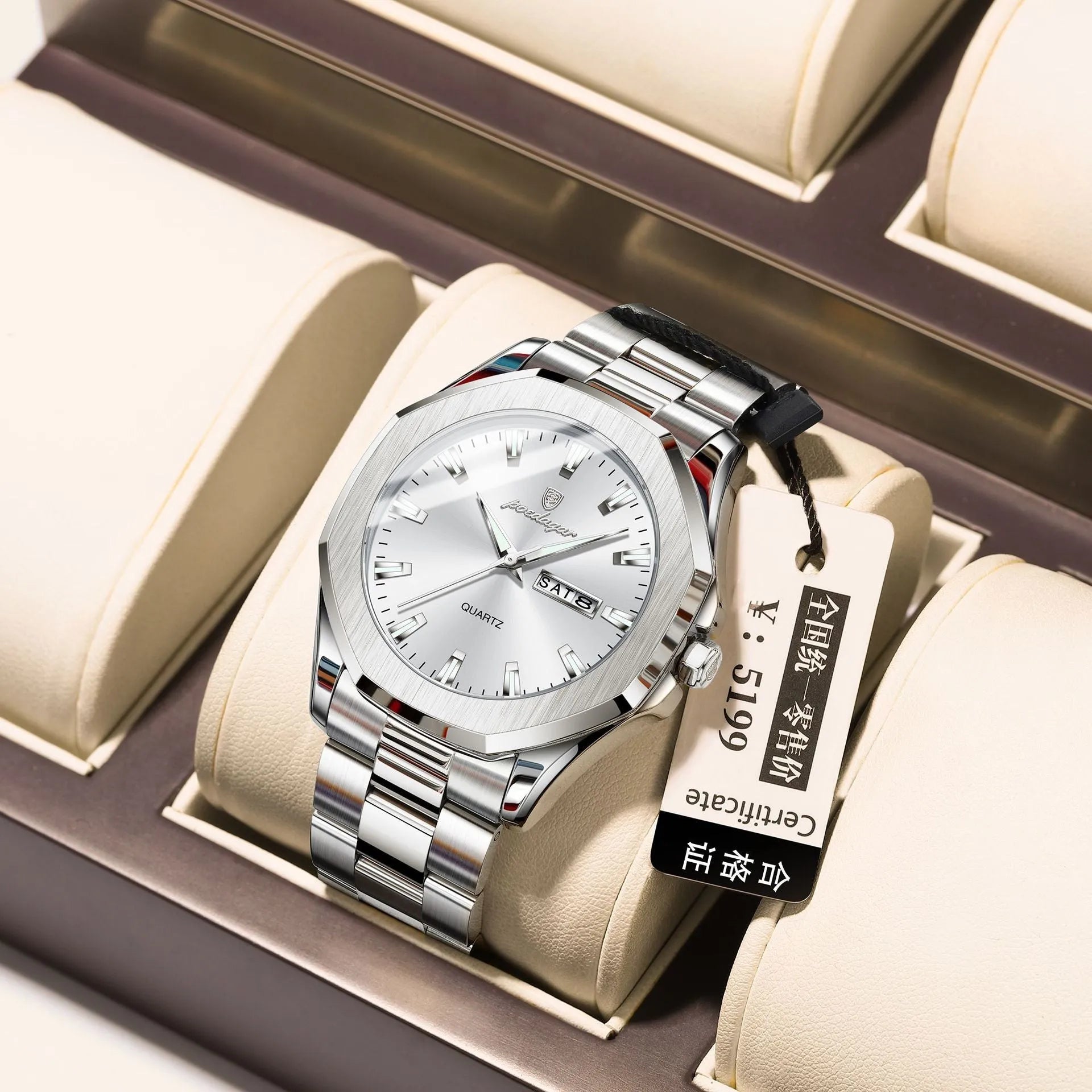 Men's steel strap quartz watch with 9mm thick case in a business style, showing colour options.