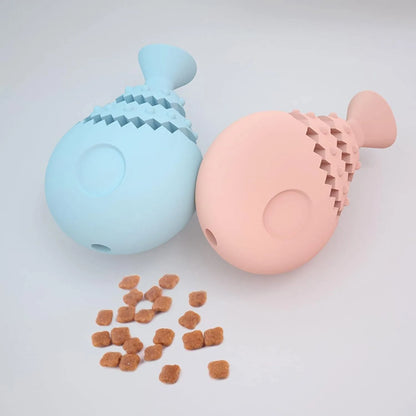 Blue fish bone shaped dog chew toy for dental care and interactive play